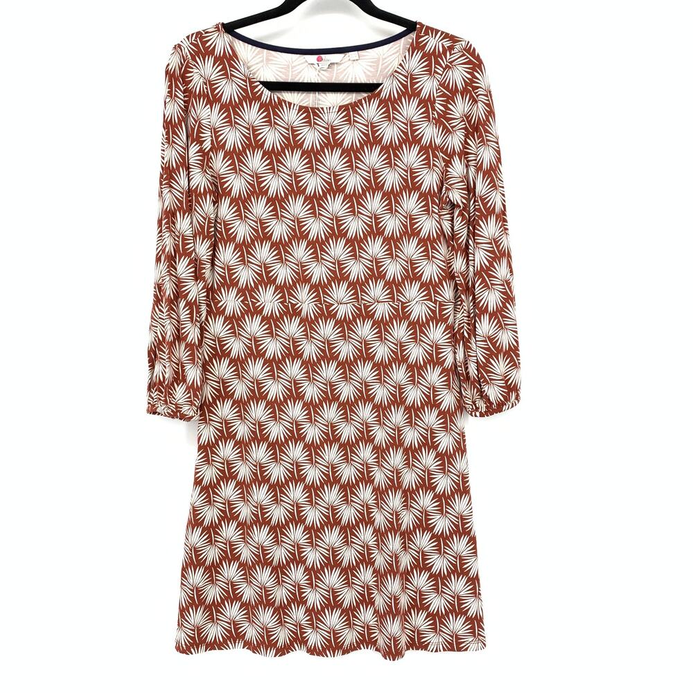 Boden Lucie Jersey Tunic Dress Womens Size 8L Brown + White Palm Print NEW